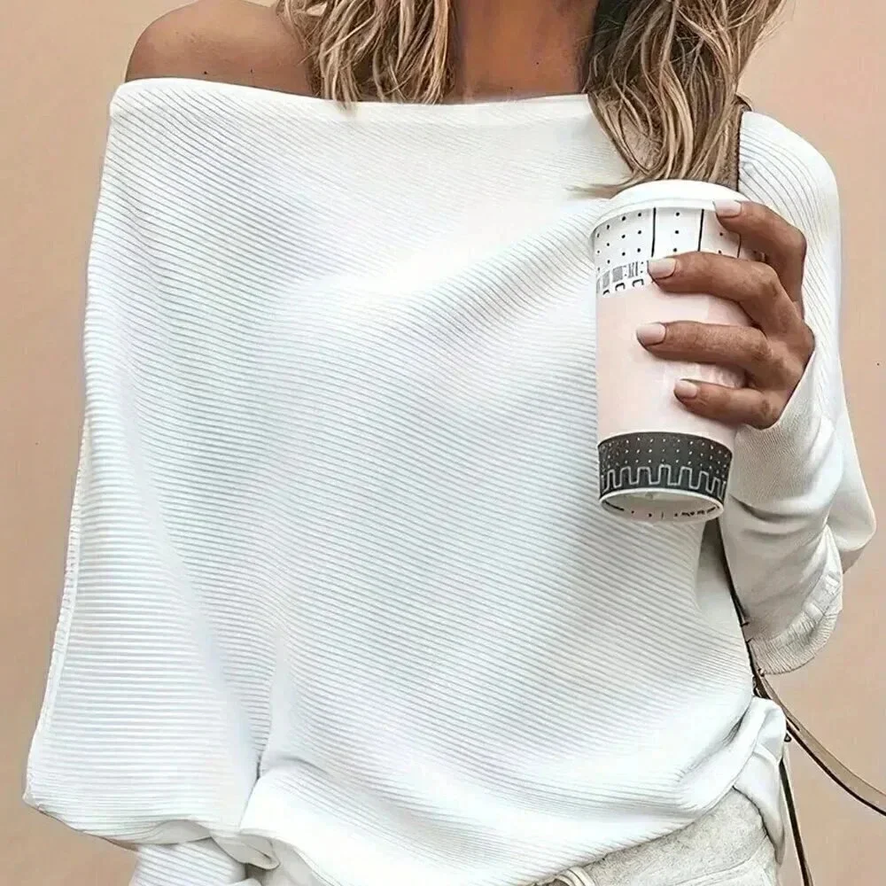 White Casual Women's Solid Color Asymmetrical Collar Batwing Long Sleeve T-Shirt - Picture 1 of 5